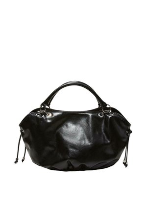 Borsa morbida in pelle nera con forma arrotondata, doppi manici e dettagli con coulisse su ciascun lato, su sfondo bianco.