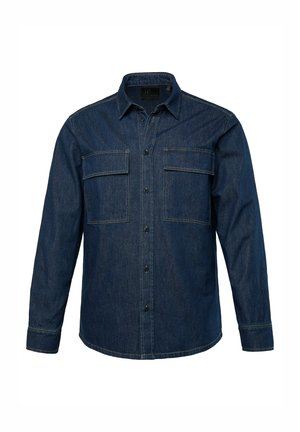 Dunkelblaue Jeanshemd mit langen Ärmeln, Knopfverschluss vorne, zwei Brusttaschen und kontrastierenden Steppnähten.