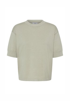 Helebeež värvi lühikeste varrukatega kootud kampsun ümara kaelusega ja soonikkoes mansettidega, esitatud valgel taustal.