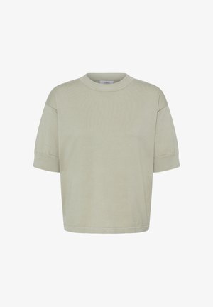 Svijetlo bež pleteni džemper kratkih rukava s okruglim izrezom i rebrastim manžetama, prikazan na bijeloj pozadini.