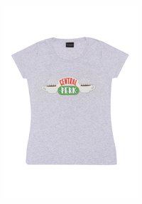 Šedé bavlněné tričko s krátkým rukávem se zábavným grafikou "CENTRAL PERK" a dvěma obrysy šálků kávy s párou.
