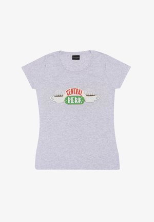Šedé bavlněné tričko s krátkým rukávem se zábavným grafikou "CENTRAL PERK" a dvěma obrysy šálků kávy s párou.