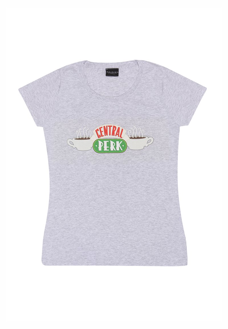 Šedé bavlněné tričko s krátkým rukávem se zábavným grafikou "CENTRAL PERK" a dvěma obrysy šálků kávy s párou.