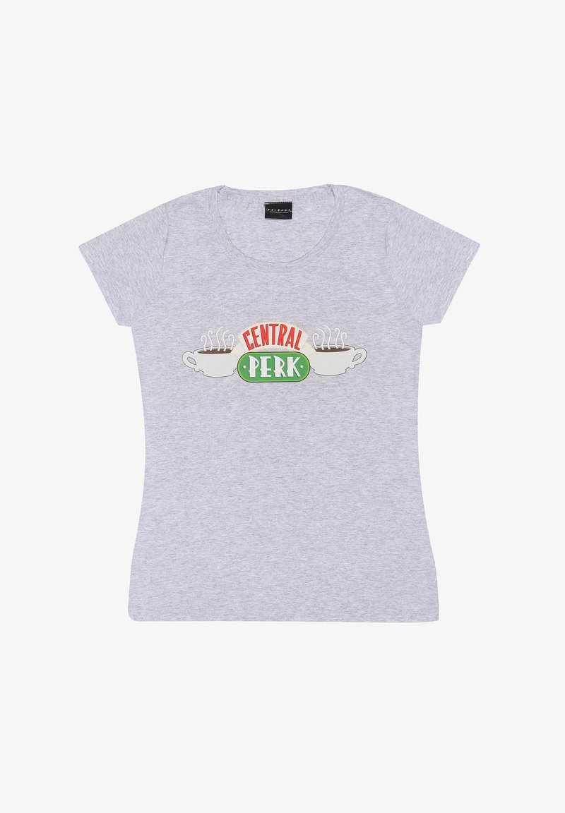 Grijze katoenen t-shirt met korte mouwen, voorzien van een kleurrijke "CENTRAL PERK" graphic en twee omrande koffiekopjes met stoom.