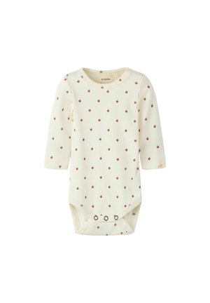 Cremefarvet baby-body med lange ærmer, små brune polkaprikker og trykknapper i skridtet.