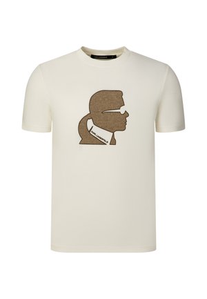 Camiseta de manga corta color crema con la silueta marrón de un hombre con gafas de sol y coleta, centrada en la parte delantera.