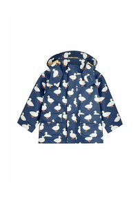 Veste de pluie marine avec un motif de canard, dotée d'une capuche, de poches avant et d'une finition imperméable. Les canards ont des pieds orange et des accents jaunes.