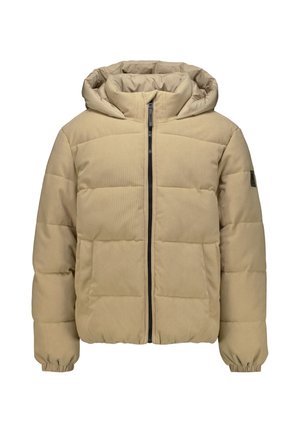 Beige gewatteerde jas met capuchon, ritssluiting aan de voorkant, doorgestikt patroon en elastische boorden, afgebeeld op een witte achtergrond.