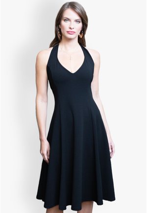 Black halter dress with a fitted bodice, V-neckline, and flared skirt. Made from soft, smooth fabric with a flowing texture.