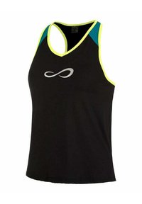 Canotta nera con design a racerback. Presenta dettagli in teal e giallo neon e un logo infinito argento sul davanti. Tessuto elastico.