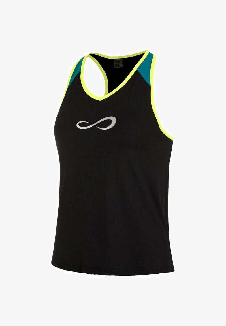 Canotta nera con design a racerback. Presenta dettagli in teal e giallo neon e un logo infinito argento sul davanti. Tessuto elastico.