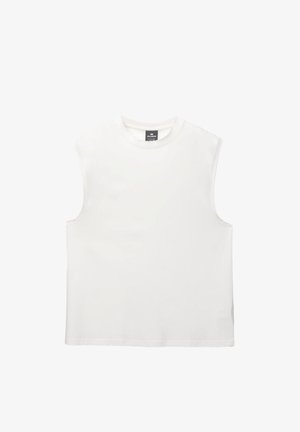 Witte mouwloze top met een ronde halslijn, gemaakt van zachte katoen. Heeft een rechte snit en schone randen, zonder patronen of accenten.