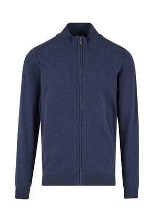 Marineblauwe zip-up sweater met een hoge kraag, gemaakt van een gladde tricotstof. Beschikt over ribgebreide manchetten en zoom, met een gestroomlijnd ontwerp.