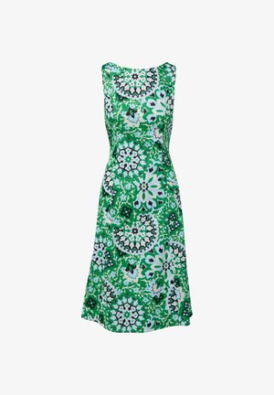 Grünes Kleid mit einem floral und paisley Muster in Blau und Schwarz. Ärmelloses Design, knielang, aus leichtem Stoff gefertigt.