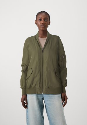 Olive green bomber jacket, lightweight fabric, ribbed cuffs and hem, front zip closure, two large side pockets, and a zippered sleeve pocket.