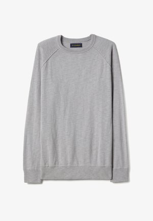Hellgrauer Pullover mit Rundhalsausschnitt und langen Ärmeln, mit gerippten Bündchen und Saum, im Kragen mit der Aufschrift "Piombo" versehen.