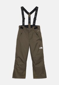 Aliejinės žalios spalvos izoliuotos sniego kelnės su reguliuojamais juodais petnešomis, užtrauktukais priekiuose ir The North Face logotipu ant šlaunies.