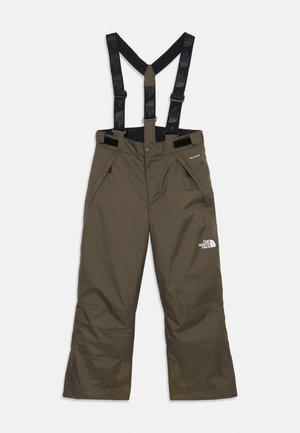 Olijfgroene geïsoleerde snowpants met verstelbare zwarte bretels, ritssluitingen en het logo van The North Face op de dij.