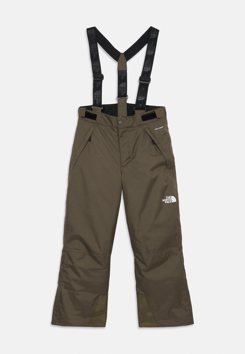Aliejinės žalios spalvos izoliuotos sniego kelnės su reguliuojamais juodais petnešomis, užtrauktukais priekiuose ir The North Face logotipu ant šlaunies.