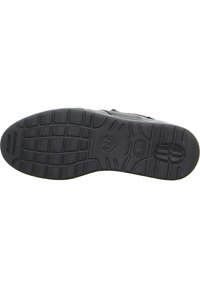 Semelle de chaussure noire en caoutchouc avec un motif en grille, un logo circulaire au talon et des rainures de flexion pour une meilleure traction et flexibilité.