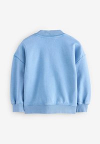 Sudadera azul claro con cuello y puños acanalados. Textura suave, corte holgado y costura sin costuras en la parte posterior. Diseño simple.
