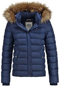 Námorně modrá prošívaná zimní bunda s odnímatelnou hnědou kožichovou kapucí, předními patentkami, dvěma bočními kapsami a žebrovanými manžetami.