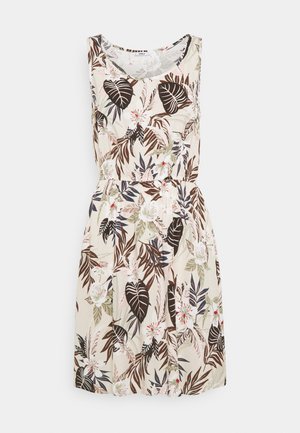 Bloemenjurk met een ronde halslijn, mouwloos ontwerp, een beige achtergrond met bruine en groene bladeren patronen, en een taille met riem.