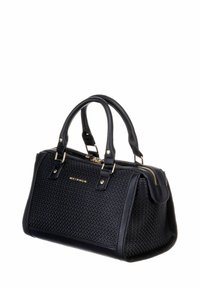 Sac à main noir en matériau synthétique texturé avec ferrures dorées, forme ovale, double poignées supérieures et fermeture éclair.