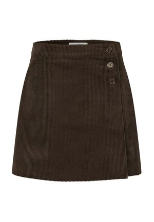 Ruskea corduroy-hame, jossa on kietaisusuunnittelu, sileä vyötärö ja kaksi nappikoristetta vasemmalla puolella. Pystysuora ribbaustekstuuri.