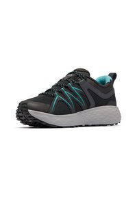 Schwarzer und grauer Sportschuh mit türkisfarbenen Akzenten, gemusterten Schnürsenkeln und einer dicken strukturierten grauen Sohle, seitlich auf weißem Hintergrund dargestellt.