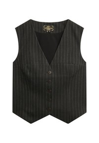 Chaleco de rayas negras con diseño de cuello en V, que cuenta con un cierre frontal de seis botones y una tela suave y texturizada.