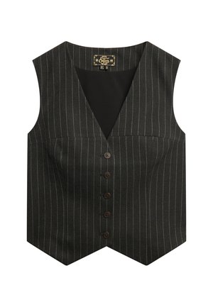 Gilet noir à rayures avec un design en V, doté d'une fermeture à six boutons à l'avant et d'un tissu lisse et texturé.