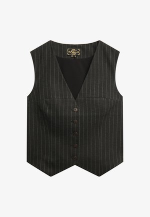 Gilet noir à rayures avec un design en V, doté d'une fermeture à six boutons à l'avant et d'un tissu lisse et texturé.