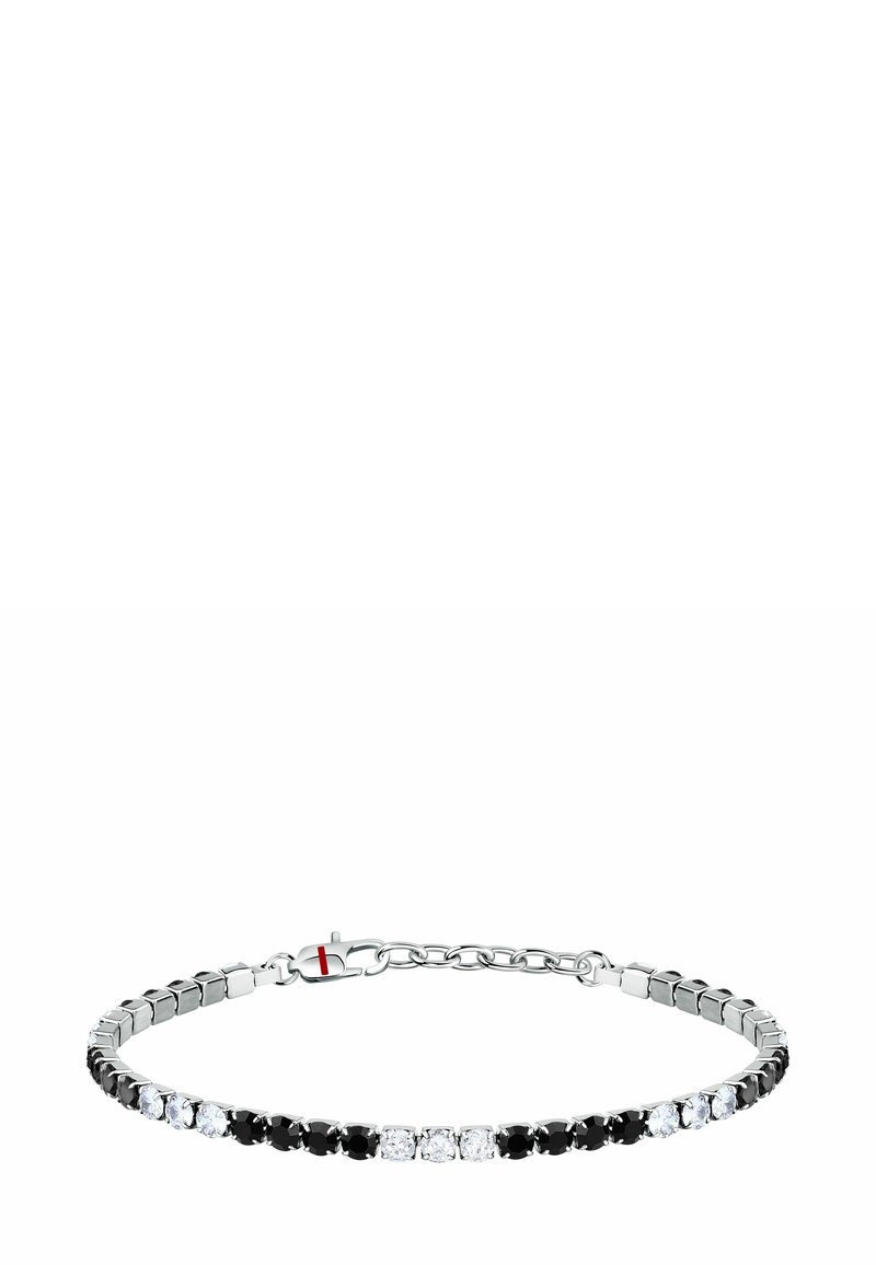 Bracciale in argento con pietre nere e trasparenti alternate in un design a maglie. Include una chiusura con un piccolo dettaglio accentuato rosso.