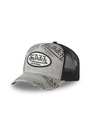 Casquette camionneur Von Dutch grise et noire avec dos en mesh et texte logo répété imprimé sur le devant et le bord.