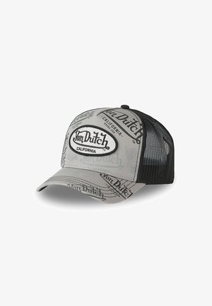 Casquette camionneur Von Dutch grise et noire avec dos en mesh et texte logo répété imprimé sur le devant et le bord.