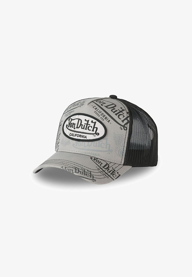 Casquette camionneur Von Dutch grise et noire avec dos en mesh et texte logo répété imprimé sur le devant et le bord.