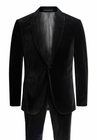 Juodas aksominis švarkas su įpjauta atvartu, dviem priekinėmis kišenėmis ir lygiu vidiniu pamušalu. Prigludęs siluetas su prabangaus pojūčio faktūra.