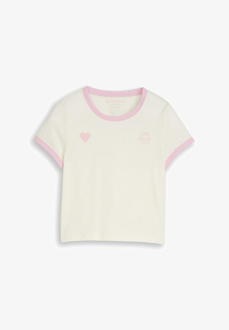 T-shirt blanc court avec bordure rose aux manches et au col, arborant un cœur rose et le texte « LOVE RULES ALWAYS » sur le devant.