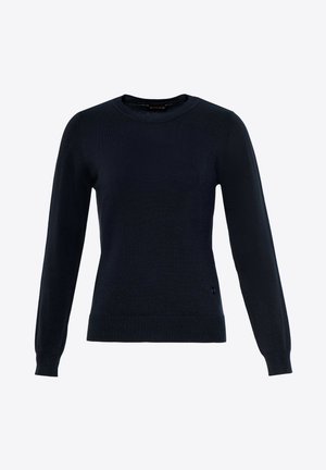 Granatowy sweter dzianinowy z długimi rękawami, okrągłym dekoltem i ściągaczem na dole. Ozdobiony subtelnym logo na dolnej części talii. Miękka faktura.