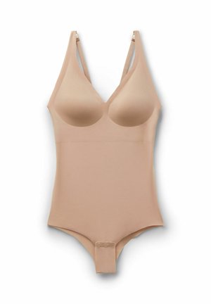 Bezešlé tělové body s formovanými košíčky, nastavitelnými ramínky a zapínáním na druky v rozkroku pro hladké přizpůsobení.