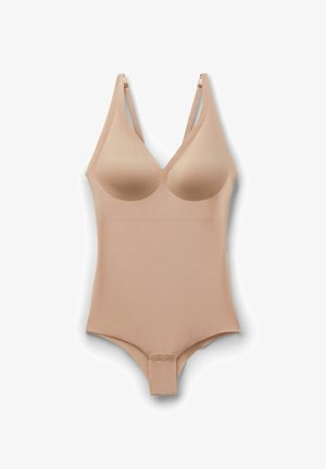 Body moulant couleur chair sans coutures, avec bonnets moulés, bretelles réglables et fermetures pressionnées à l'entrejambe pour un ajustement parfait.