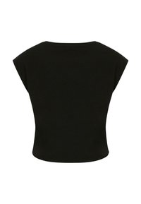 Fekete cropped top, sima textúrával, széles rövid ujjakkal és kerek nyakkivágással, testhezálló fazonban, látható minták nélkül.