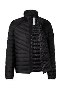 Sort dunjakke med høj krave, diagonal syning og skinnende overflade. Har lynlås foran og indvendigt for med mærke.