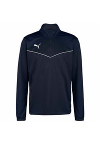 Marine kleurige zip-up trui van gladde stof met lange mouwen, gekenmerkt door een contrasterend wit chevronpatroon en een wit logo op de borst.