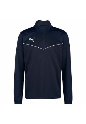 Marine kleurige zip-up trui van gladde stof met lange mouwen, gekenmerkt door een contrasterend wit chevronpatroon en een wit logo op de borst.