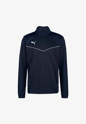Marineblaue Zip-Pullover aus glattem Stoff mit langen Ärmeln, ausgestattet mit einem kontrastierenden weißen Zickzackmuster und einem weißen Logo auf der Brust.