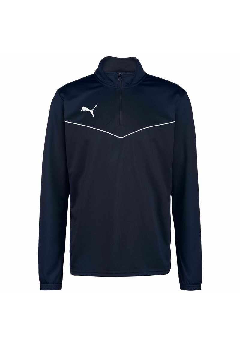 Marine kleurige zip-up trui van gladde stof met lange mouwen, gekenmerkt door een contrasterend wit chevronpatroon en een wit logo op de borst.