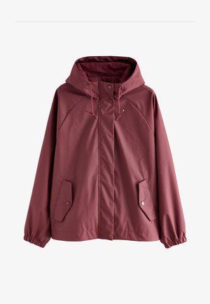 Vínová nepromokavá bunda s kapucí, elastickými manžetami a dvěma předními kapsami. Má stahovací šňůrky na krku a hladkou strukturu.