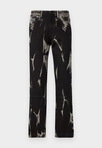 Melnas denima bikses ar baltu krāsu, izveidojot tievās krāsas efektu. Rūpīgi iezīmēts jostasvieta, jostas cilpas un piecas kabatas. Taisna kāju dizains.